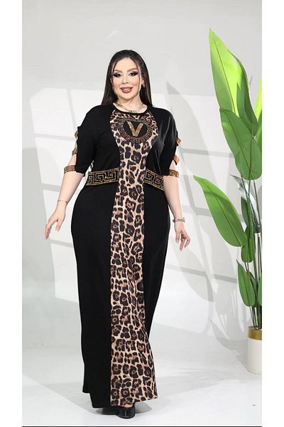 Kokostrendi V Leopard Pattern Crystal Stone Dress - Black