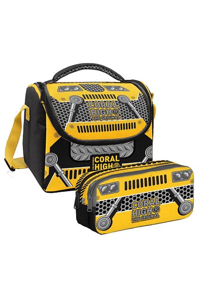 Coral High Set de cutie termică pentru prânz robot negru galben pentru băiat și suport pentru stilou cu două compartimente