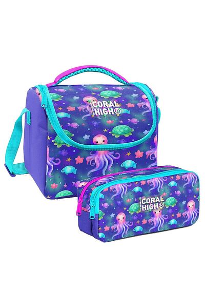 Coral High Girl's Lavender Turquoise Jellyfish Thermo Lunchbox and Two-Compartment Pen Holder Set