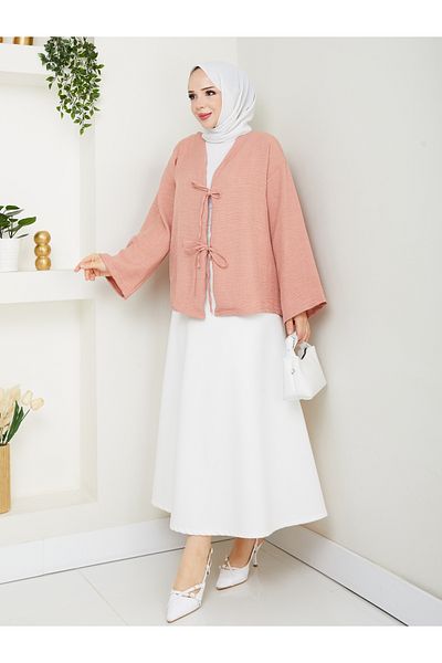 exxitcollection Women's Hijab Linen Tie Front 2 Lace Modern Stylish Skirt Top Powder Pink Kimono Shirt