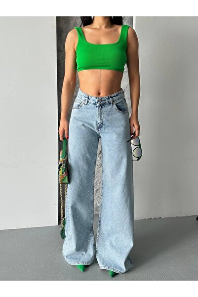 motix Işıltılı Taş Detaylı Bol Paça Jean Pantolon – Yüksek Bel