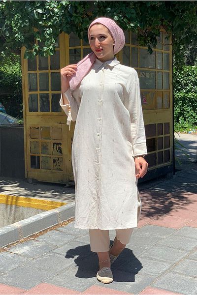 Moda Rosa 25Y4425 - Beige - Long Linen Shirt Tuni̇K