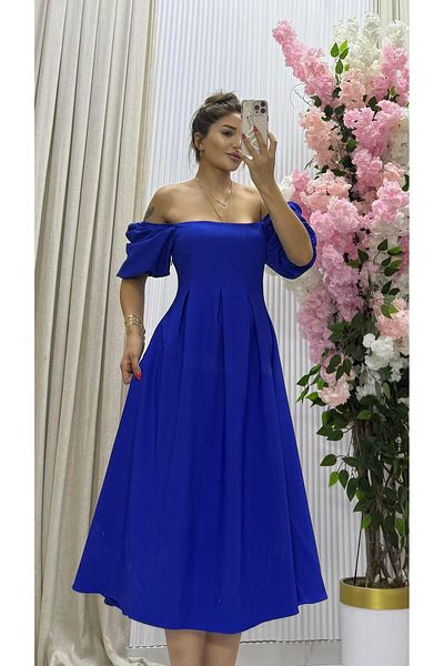 Daves Atlas Fabric Rochie albastră de lungime midi, cu mâneci bufante scurte, decolteu fără bretele