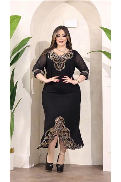 Kokostrendi Design Slit Crystal Stone Dress - Black