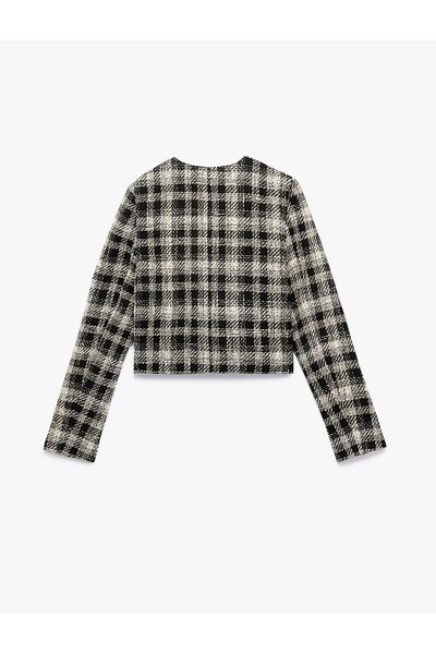 Koton Long Sleeve Crew Neck Plaid Tweed Jacket with Stoned Button Detail and Pockets