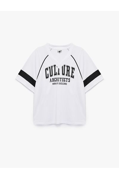 Koton V-Neck Short Sleeve Printed Oversize Sports T-Shirt
