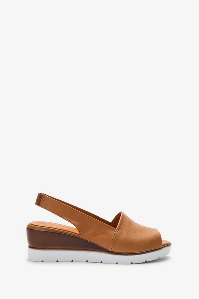 LOS SHOES Hakiki Deri Dolgu Topuk Lastikli Taba Sandalet