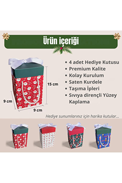 Liya Design Prints , Yılbaşı Temalı 4lü set 9x9x15 cm Özel Tasarım Hediye Kutusu