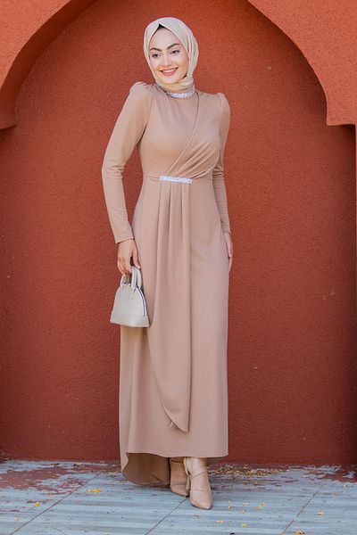 Tesettür Çarşım Lins Stone Detailed Special Occasion Dress-Beige
