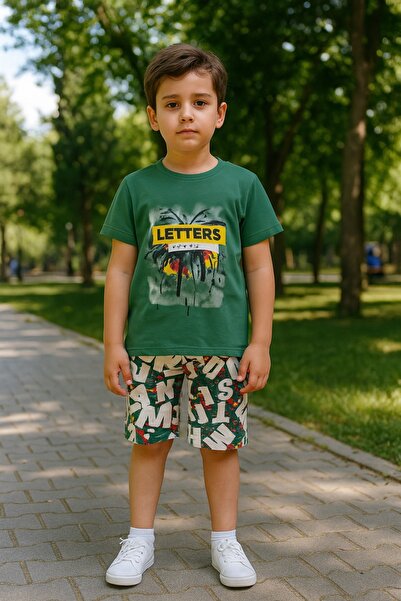 Cmk Kids Boys Green Summer Letters Printed T-Shirt and Colorful Shorts Set | ...