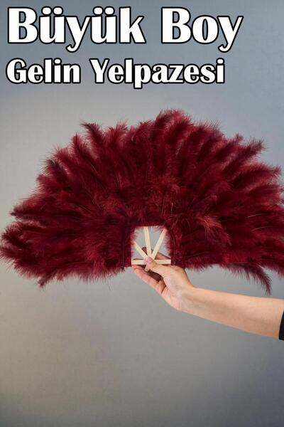 Dantelux Büyük Boy Tüylü Kına Gecesi Gelin Yelpazesi (55x25 cm) - Bordo