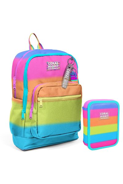 Coral High Pink Orange Color Transition Girl's School Bag and Organizer Pen Holder Set 23770 11140