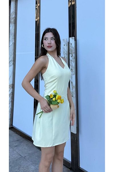 Nesil Mini Summer Dress with Back Cutout and Button Closure at Neckline