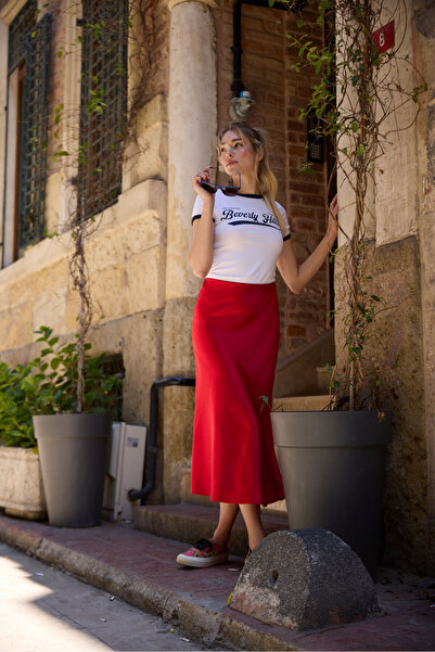 Chica Belia Parlak Saten Kırmızı Midi Etek