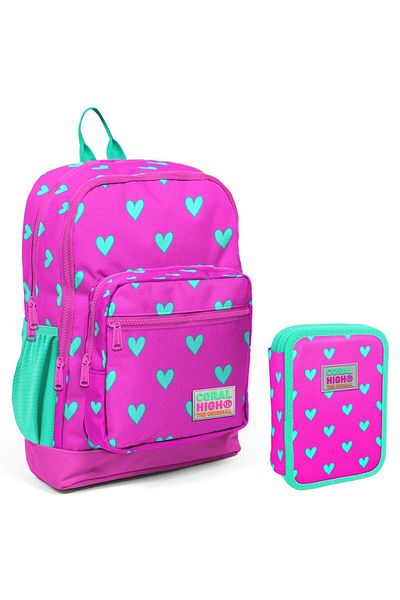 Coral High Green Pink Heart Patterned Girl's School Bag and Organizer Pen Holder Set 23113 11133