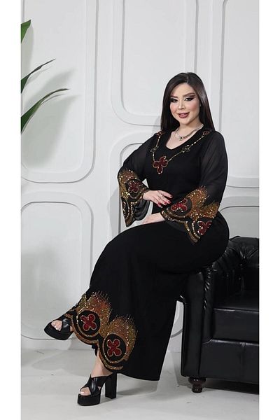 Kokostrendi Floral Crystal Stone Dress - Black