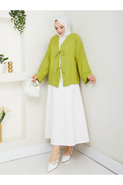 exxitcollection Γυναικείο λινό χιτζάμπ με δέσιμο μπροστά με 2 κορδόνια Μοντέρνα κομψή φούστα με λιπαρό πράσινο πουκάμισο κιμονό