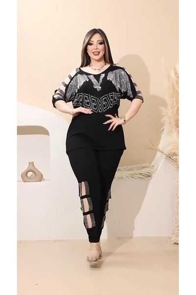 Kokostrendi V-Neck Off-The-Shoulder Crystal Stone Tracksuit Set - Black Silver