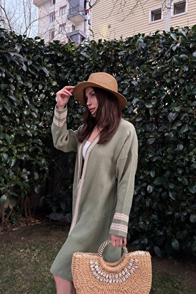 NEW LAVİVA Women's Straw Detailed Oversized Muslin Kimono 700-3441