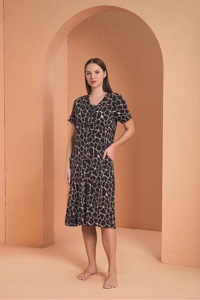 PJS Women's Viscose Button-Down Short Sleeve Patterned Dress
