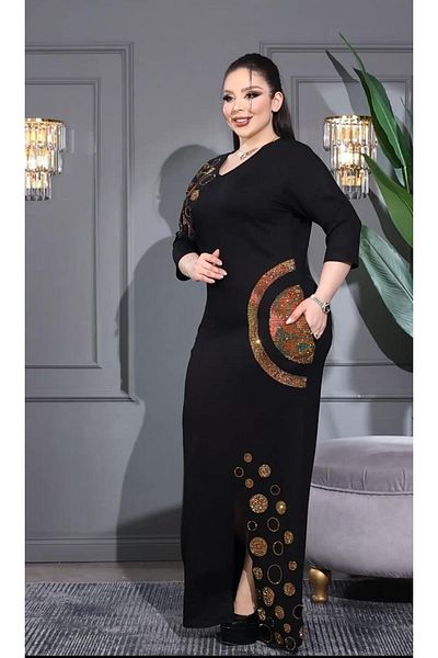 Kokostrendi Round Stone Patterned Crystal Stone Dress - Black Gold