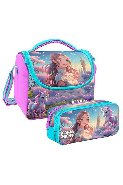 Coral High Girl's Turquoise Pink Anime Girl Thermo Lunchbox and Two-Compartment Pen Holder Set