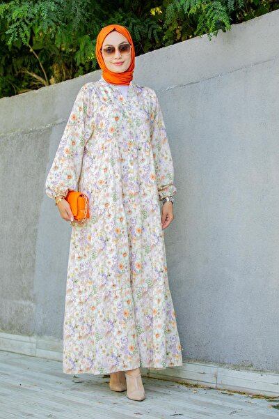 Tesettür Çarşım Lilyum Desenli Relax Yaz Elbise-Turuncu