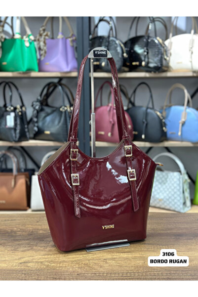 VICTORIA SHINE حقيبة توكالي كبيرة الحجم 3106 جلد أحمر كلاريت لامع
