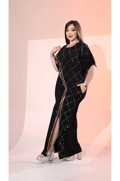 Kokostrendi Checkered Square Pattern Crystal Stone Dress - Black