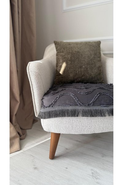 DİLETTO Wavy Tassel Sofa Cover Cotton Covering Seat |   Armrest Cover 70X95 cm Anthracite