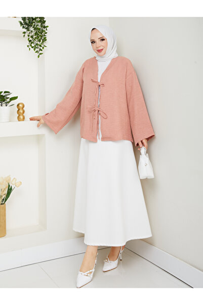 exxitcollection Γυναικείο λινό χιτζάμπ με δέσιμο μπροστά με 2 κορδόνια μοντέρνα κομψή φούστα με ροζ πουά πουά πουά