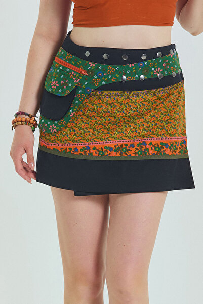 Los banditos Çıtçıt Kapalamı Cepli Patchwork Anvelop Büyük Beden Etek