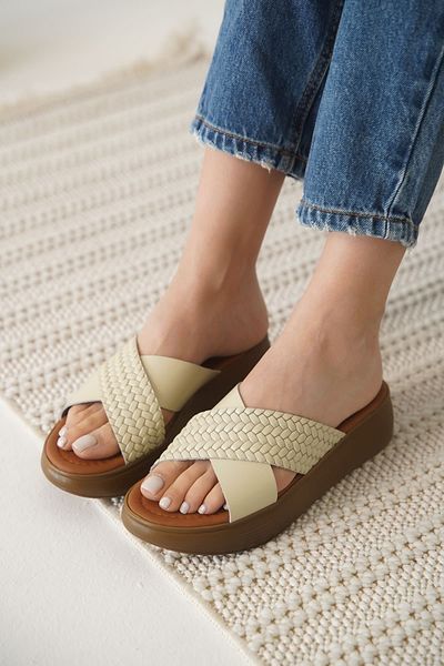 MarjinalTrendim Fayn Beige Genuine Leather Slippers