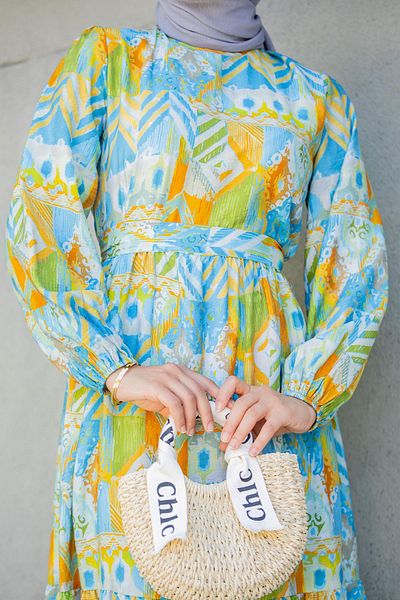 Tesettür Çarşım Mihre Ethnic Pattern Modal Crepe Dress-Blue