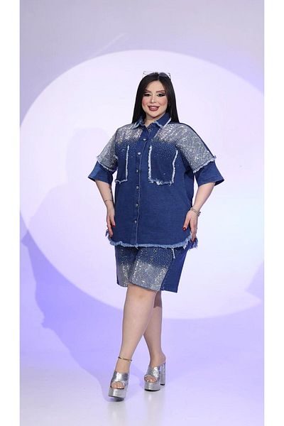 Kokostrendi Denim Crystal Stone Shorts Set - Blue