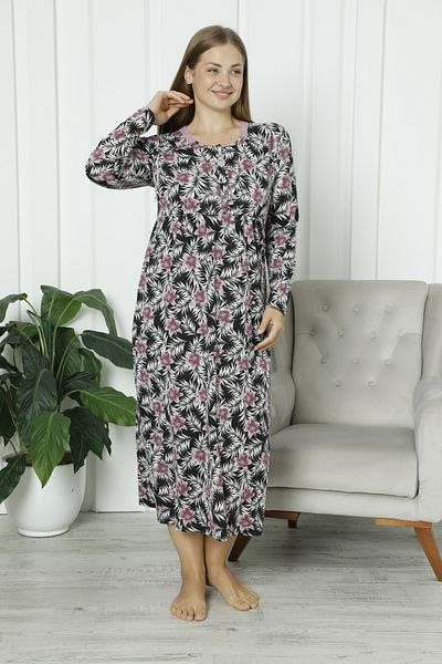 ERDENİZ TEKSTİL Floral Print, Long Sleeve, Cotton and Lace Trim Plus Size Mother Nightdress