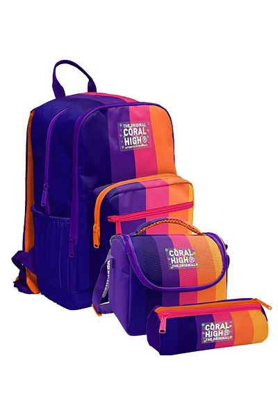 Coral High Geantă de școală pentru școala primară și gimnazială - fetiță, dungi de culoare violet portocaliu