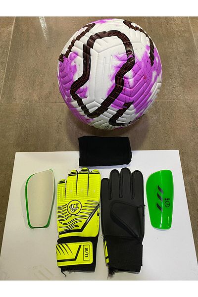 unes 5 No Purple Soccer Ball Goalkeeper Gloves and Shin Pads Set with Pump Gift