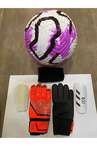 unes 5 No Purple Soccer Ball Goalkeeper Gloves and Shin Pads Set with Pump Gift