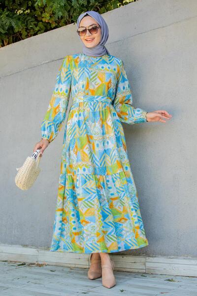 Tesettür Çarşım Mihre Ethnic Pattern Modal Crepe Dress-Blue