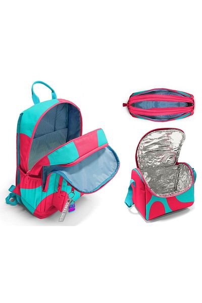 Coral High Primary and Secondary School School Bag Trio - Girl, Red Turquoise Colored Stripes