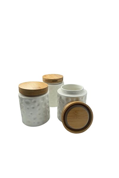 OEM Set 3 borcane incapatoare pentru depozitare, din portelan cu capac de bambus si eticheta, 590ml, 10x