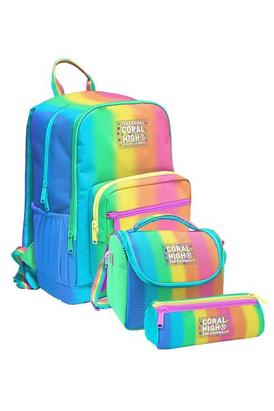 Coral High Geanta de școală pentru școala primară și gimnazială - fetiță, dungi colorate albastru portocaliu