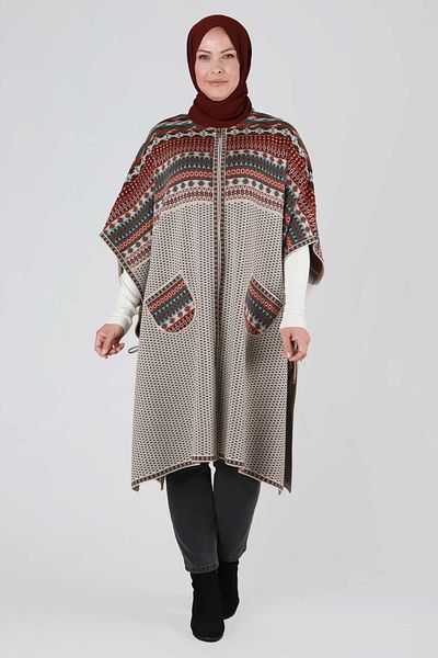 Moda Rosa 25K9620 - Stone - Large Size Hijab Knitwear Poncho