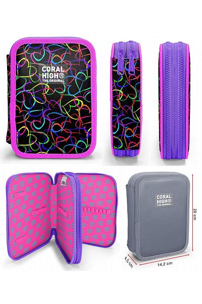 Coral High Set ghiozdan și suport pentru stilou pentru fete, negru, roz, imprimat inimă 23670+11145