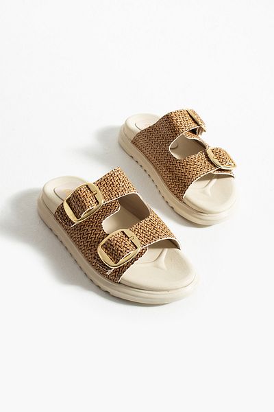 Güllü Shoes Women's Straw Detailed Double Buckle Soft Sole Sandals – Comfortable Orthopedic Summer Slippers