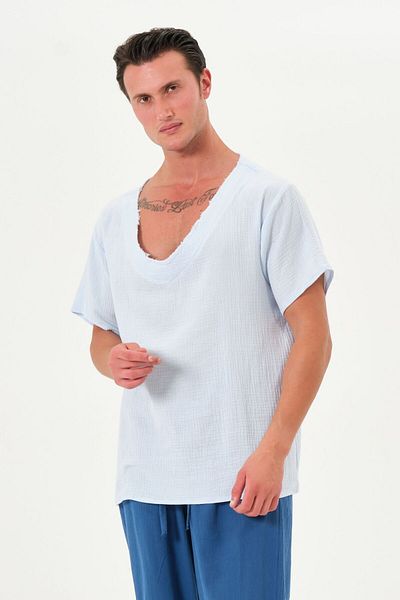 RELAXL Μπλουζάκι από 100% βαμβάκι Oversize με φαρδύ λαιμόκοψη V με λαιμόκοψη Baby Blue Muslin