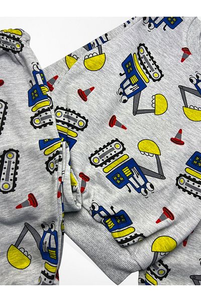 Pajama Shop Boys' Cotton Hooded Gray Yellow Scoop Patterned Long Sleeve Winter Pajama Set