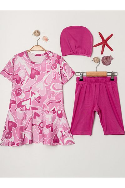 Harika KIDS Girl's Crew Neck Skirted Swimsuit and Leggings Bonnet Included.