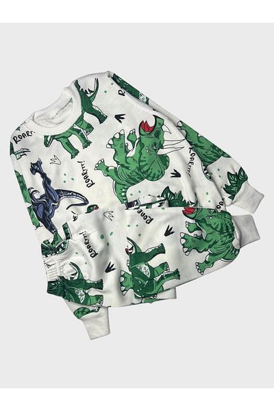 Pajama Shop Boys' Cotton Hooded White Dinosaur Pattern Long Sleeve Winter Pajamas Set